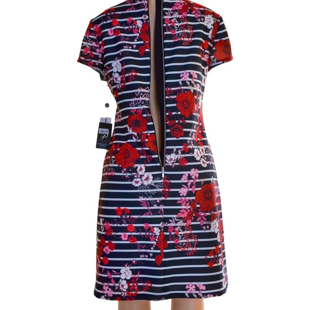 Adrianna Papell NWT Floral & Stripe Dress — Red / Pink / White on Black, Size 12 - Picture 10 of 15